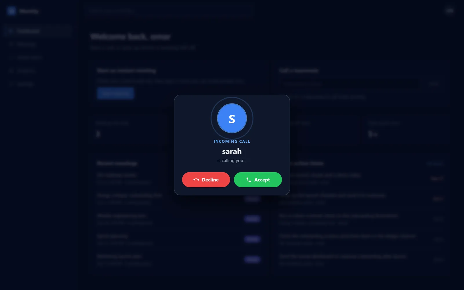Incoming call popup over the dashboard