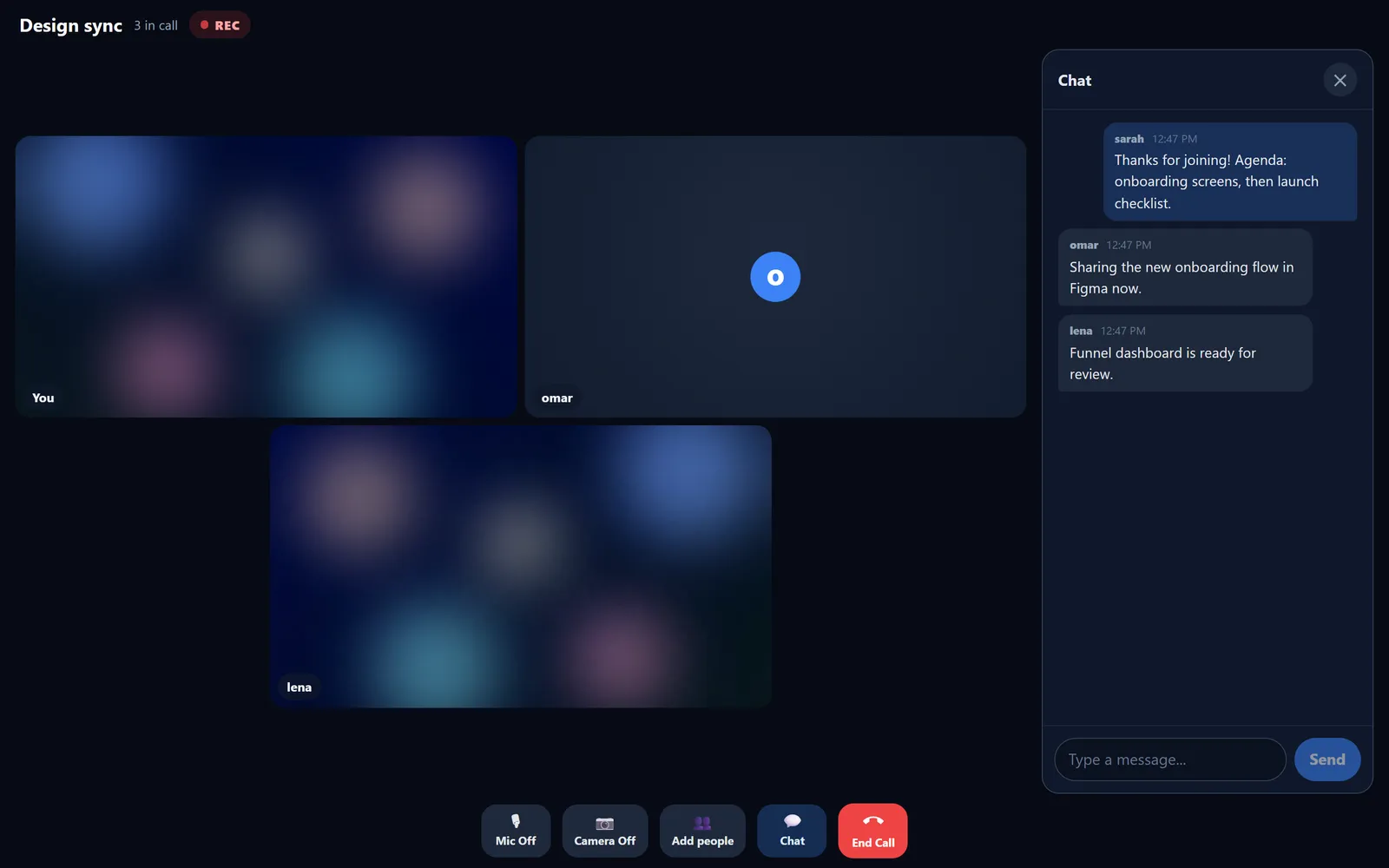 A three-person call with chat open